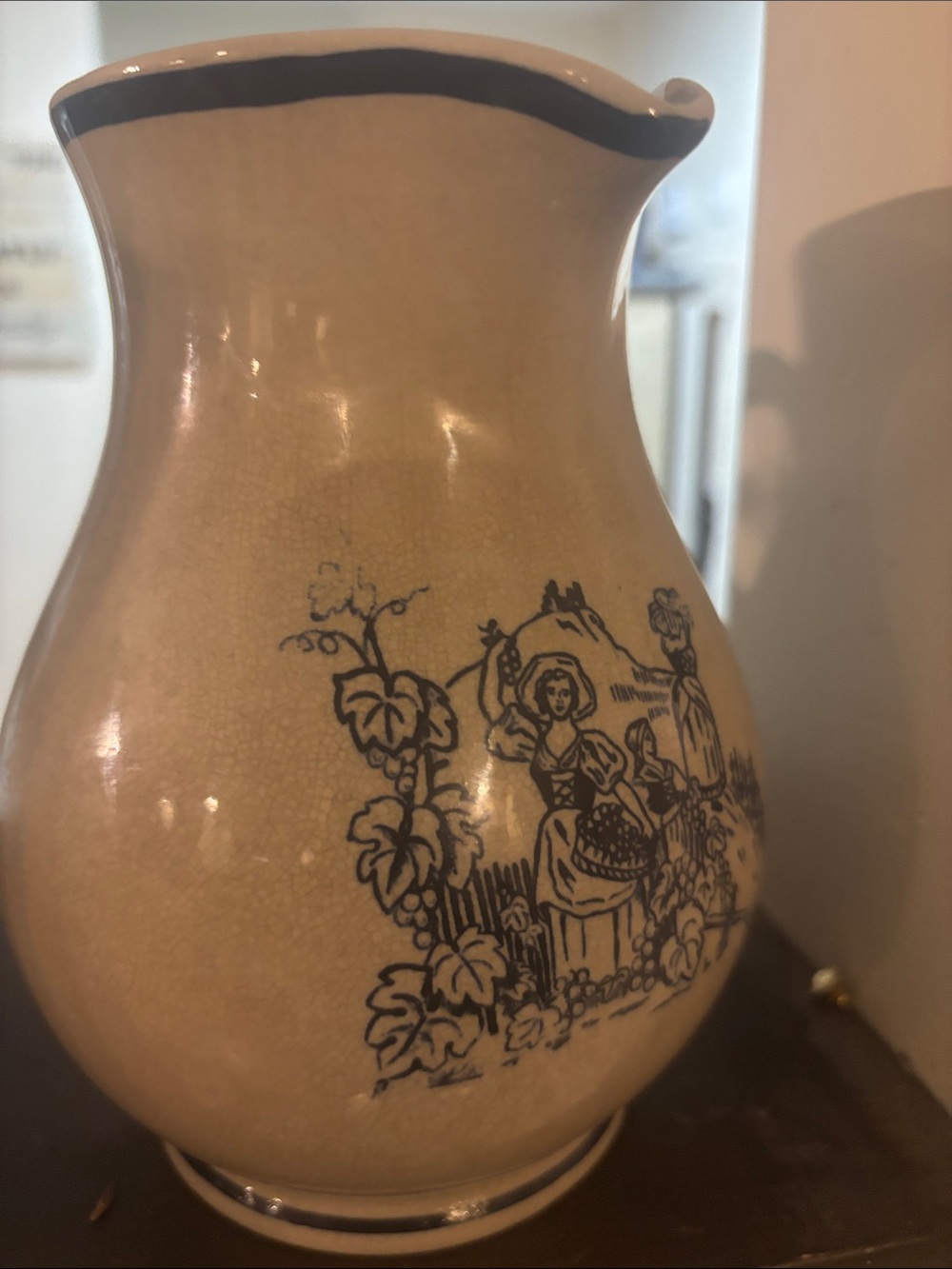 Cream Ceramic Pitcher with Blue Transferware Scene